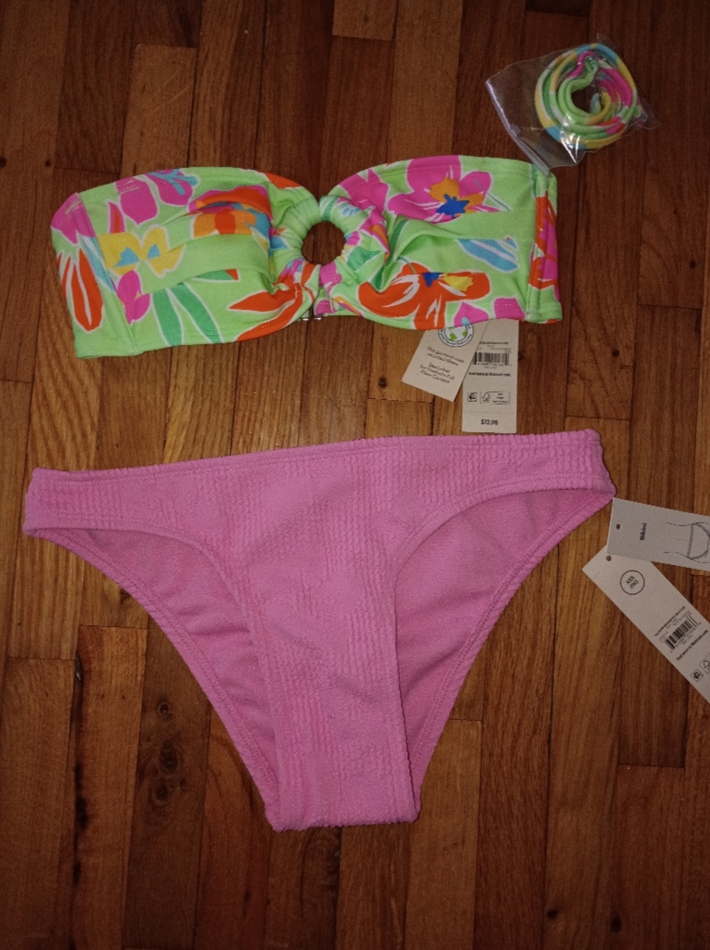 No Boundaries Green Floral Bikini Top with Pink Bikini Bottom